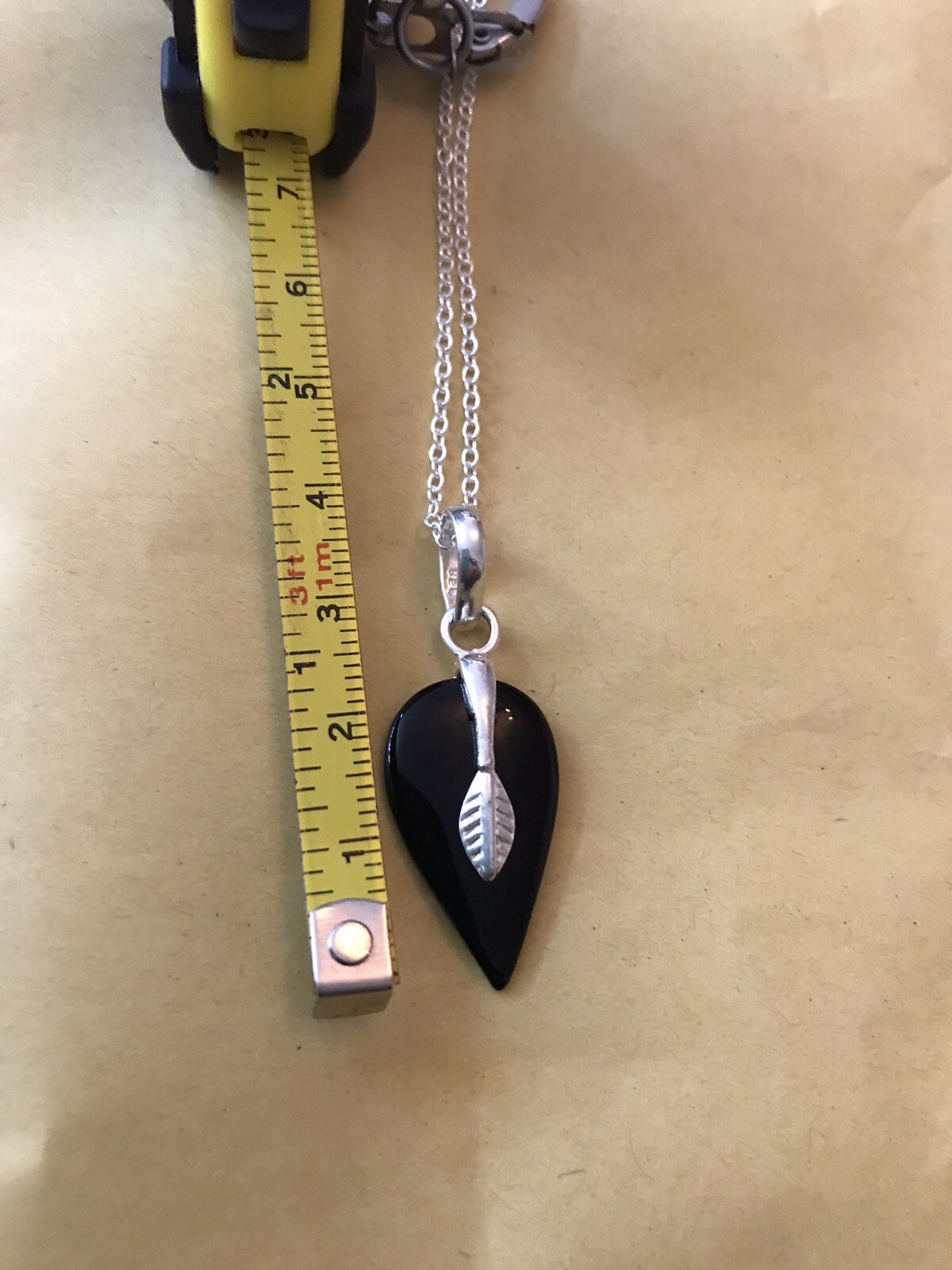 Black Onyx Modernist 925 Silver Pendant and Chain 20”.Leaf Design.UK SELLER.NEW