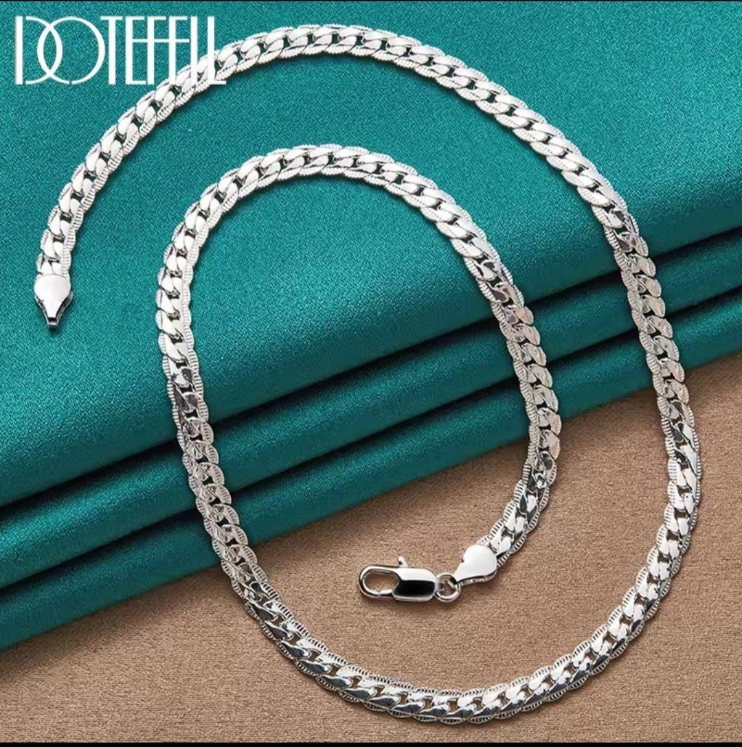 Real 925 Sterling Silver 6mm Wide Side Chain Link Necklace, Lobster clasp 18inch
