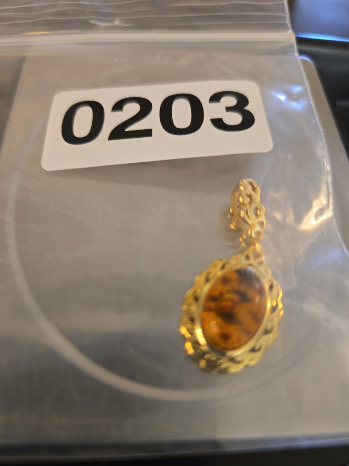 Baltic Amber Stone Pendant Open Scrollwork Vermeil ( Stamp 925) Signed 3.4 Grams
