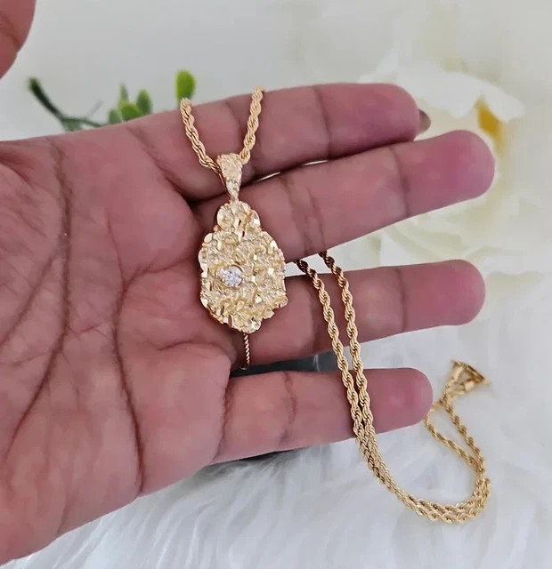14K Yellow GoldPlatedDiamond Nugget Charm Pendant w/24″ Chain Necklace For Men’s
