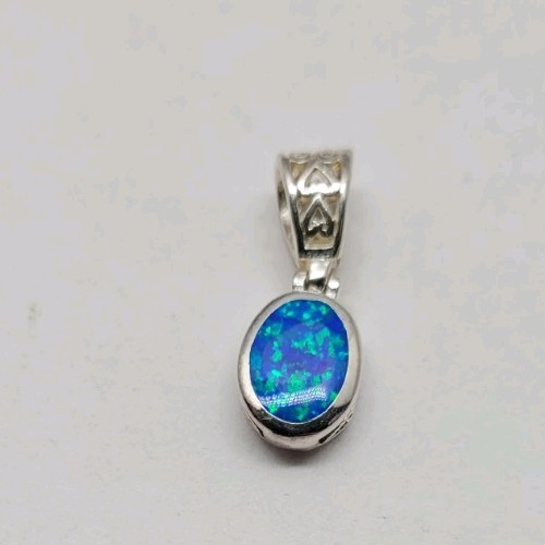 Sterling Silver 925 Filigree Pendant blue green oval charm beautiful hearts