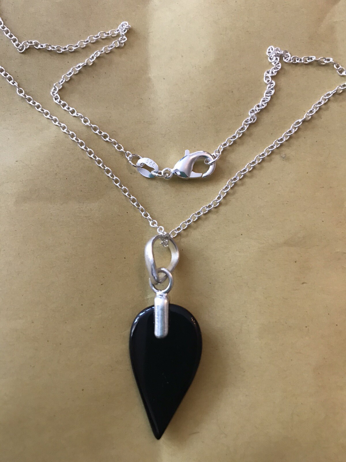 Black Onyx Modernist 925 Silver Pendant and Chain 20”.Leaf Design.UK SELLER.NEW