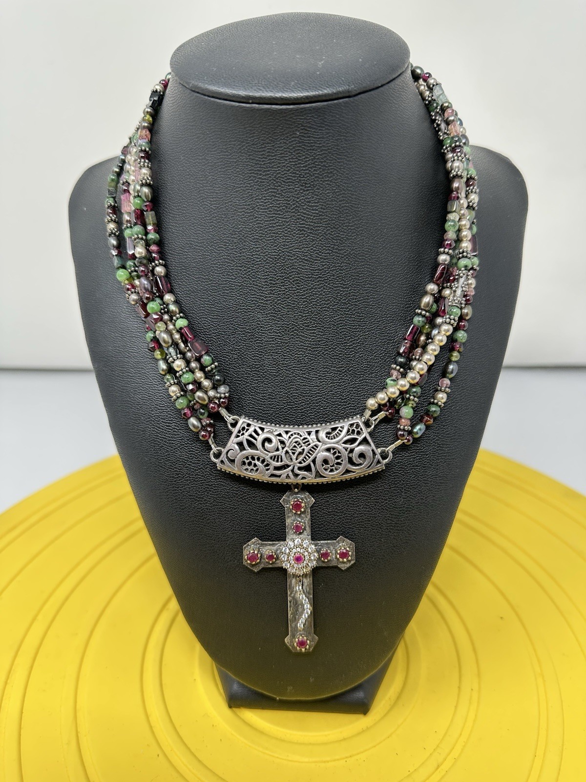 Sterling Silver Byzade Multiple Gemstone Cross Choker Necklace Elegant 87g 14in+
