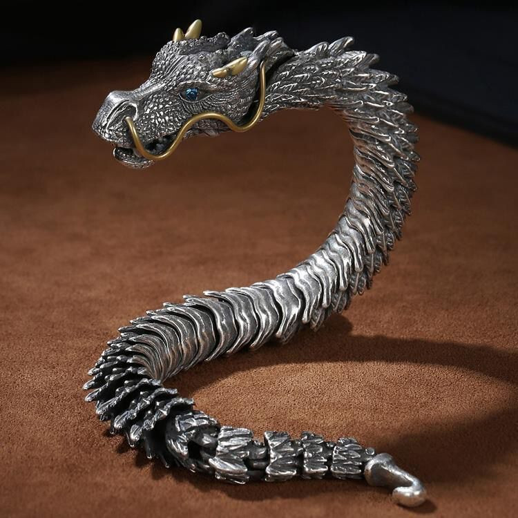 Pure S925 Sterling Silver Band Men Women Lucky Gift Carved Dragon Bracelet 990