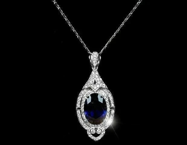 3.20Ct Oval Cut Lab Created Blue Sapphire Halo Pendant 14K White Gold Plated
