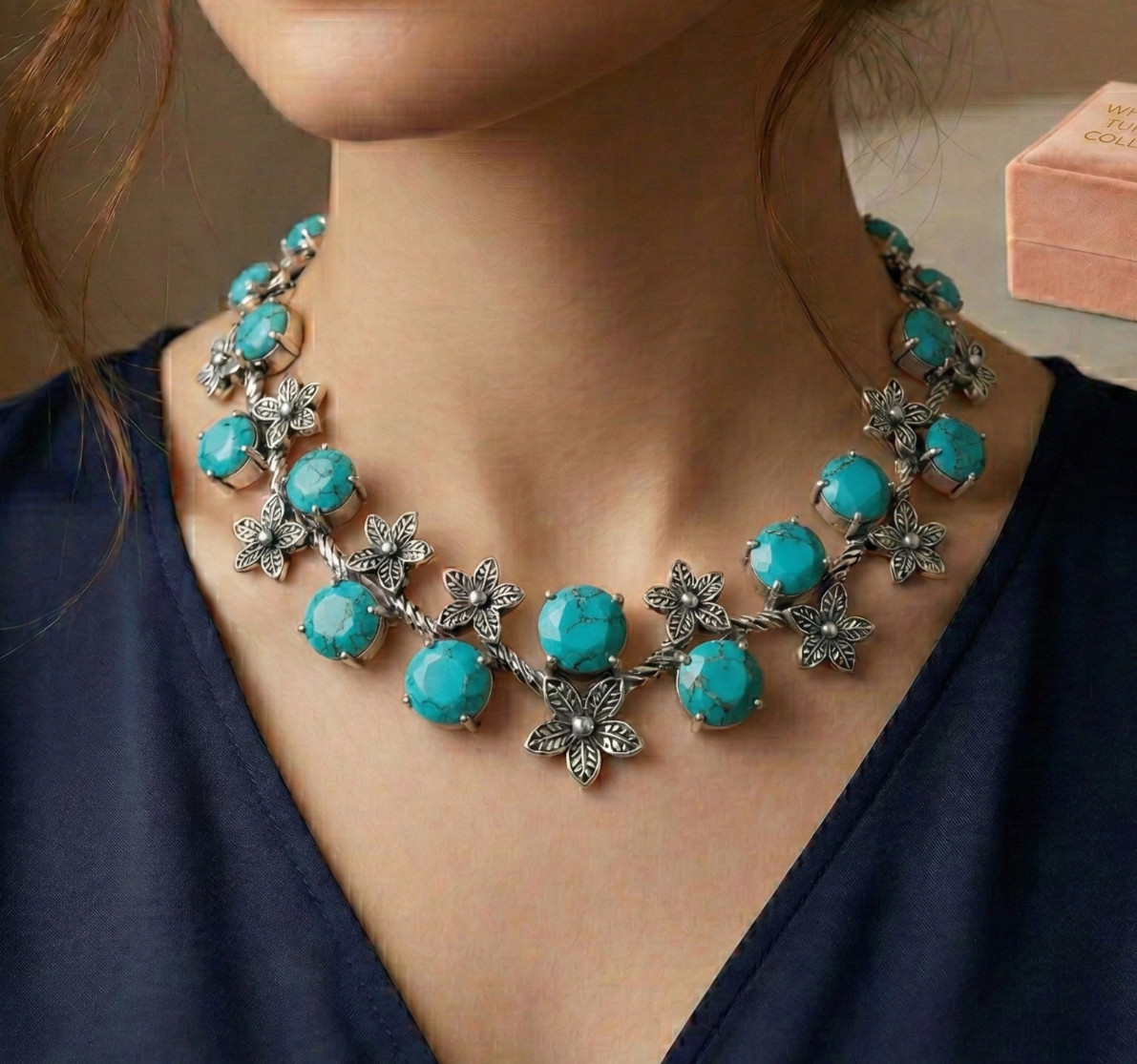 Blue Turquoise Gemstone Handmade 925 Sterling Silver Jewelry Necklace ADJ 18″