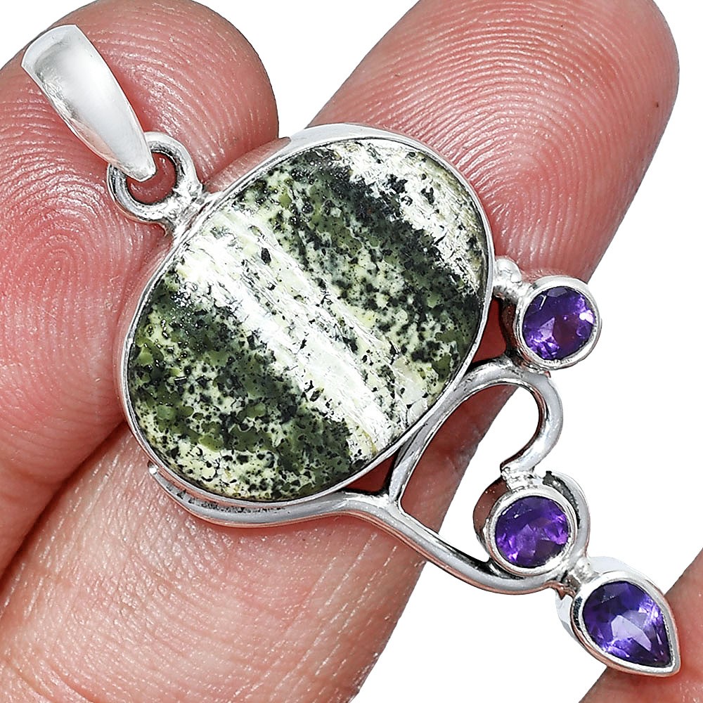 Natural Chrysotile & Amethyst 925 Sterling Silver Pendant Jewelry P-1293