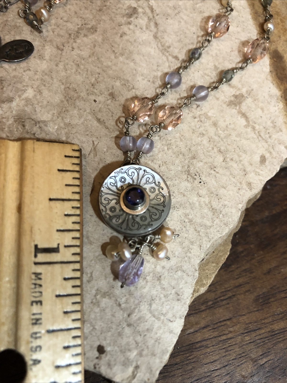 Vintage F.L.D. Sterling 925 Wire Wrap Glass Pearl MOP Pendant Amethyst Necklace