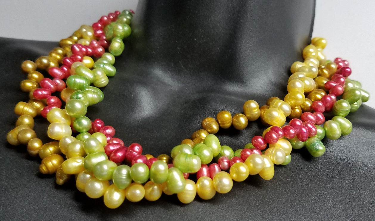 18” 7-9mm 4 Strand Sterling Silver Freshwater Pearl Necklace – Amber Red Green