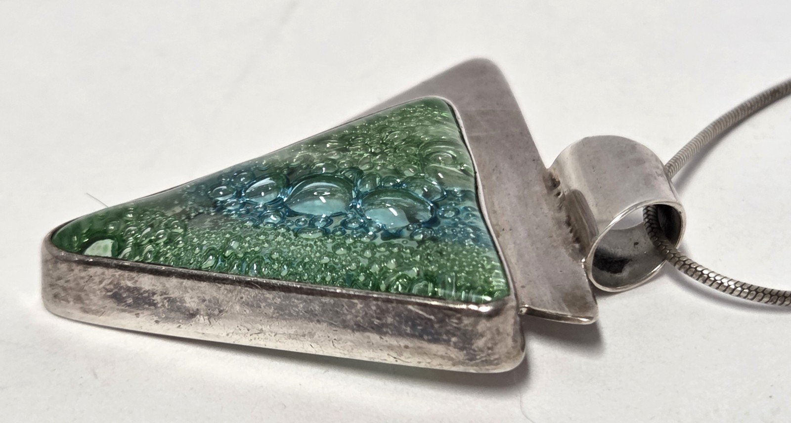 Dichroic Glass Sterling Silver Triangle Pendant Necklace 18″ Green Blue Bubbles