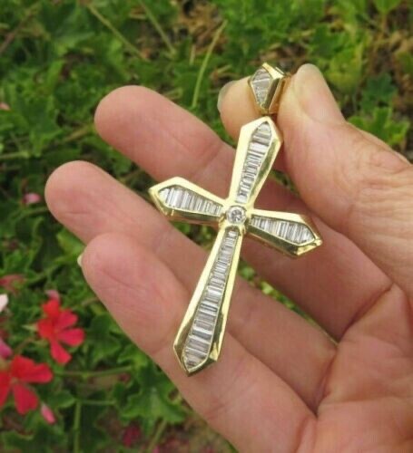 14K Yellow Gold Finish One Row Shared Prong Diamond Cross Pendant Charm 2 ct