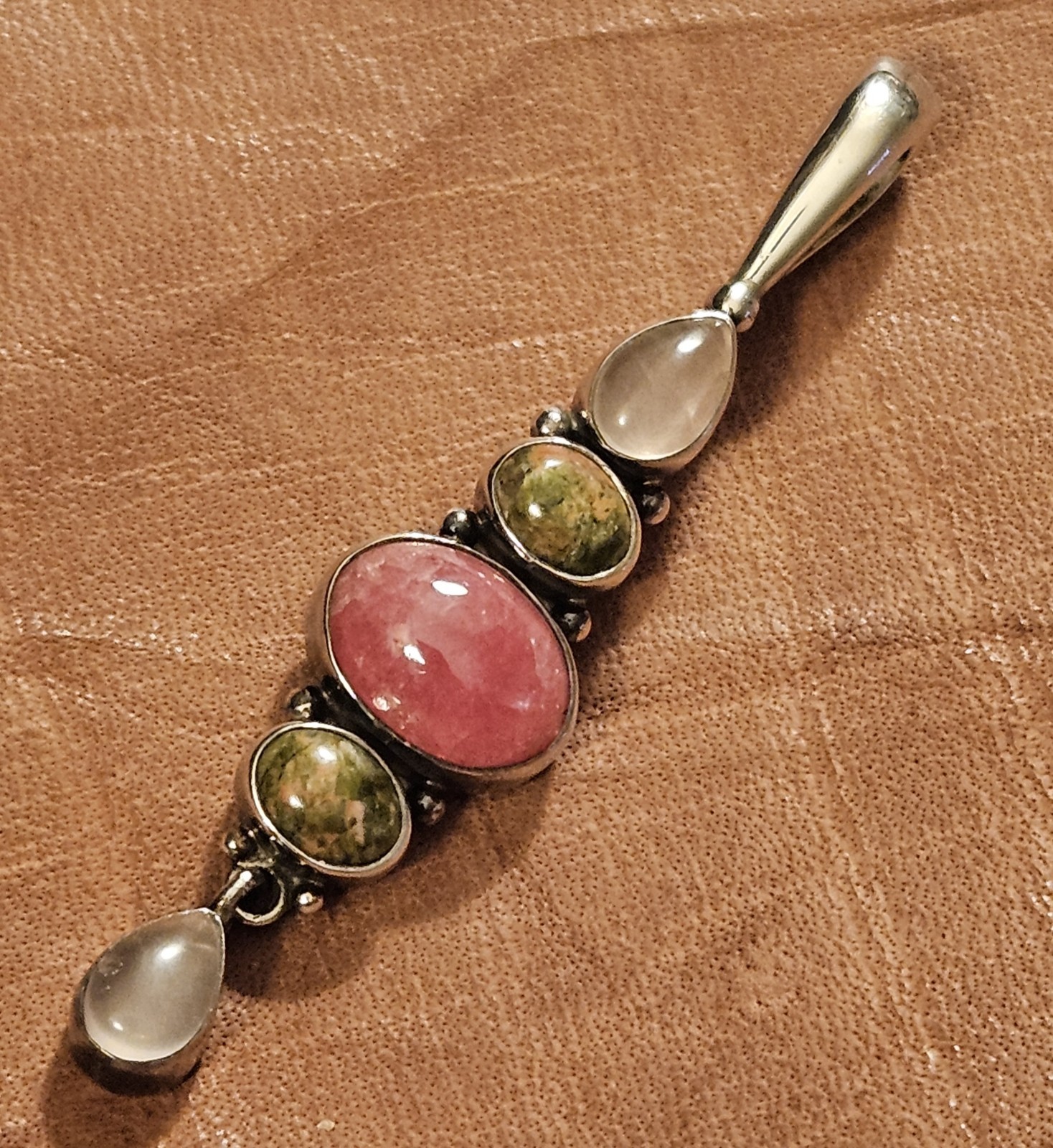 VNTG 2-5/8″ Sajen 925 Pink Quartz Unakite Rhodonite Multistone Gemstone Pendant