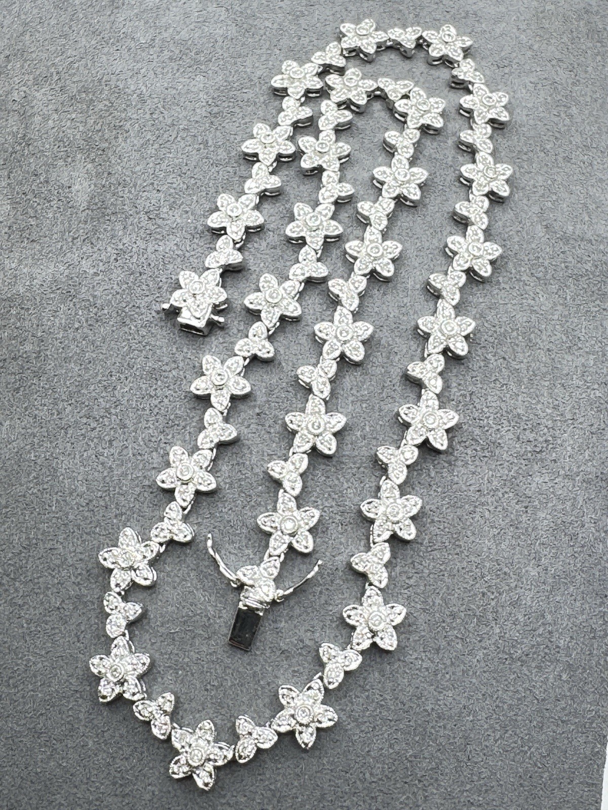 18k White Gold 1.28ctw Diamond Flower Riviere Necklace Deco Style 16″ 32g