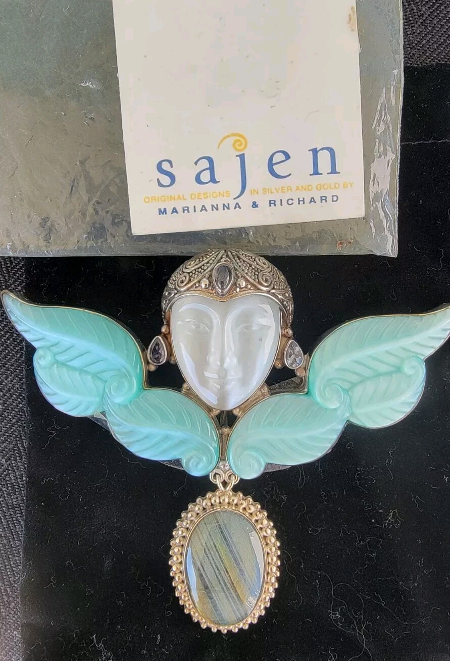 Stunning Large Sajen Teal Goddess Pendant / Pin with Multiple Gemstones