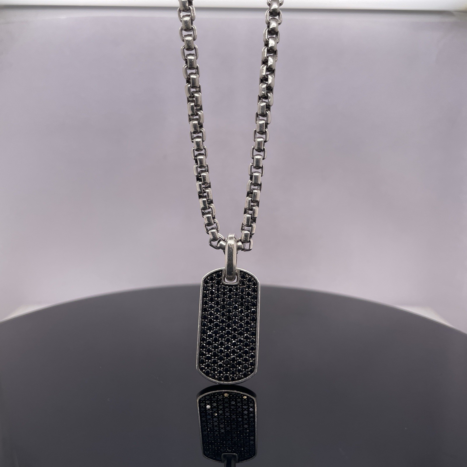 David Yurman Silver Black Diamonds Chevron Tag Pendant Necklace $2600 / 27mm