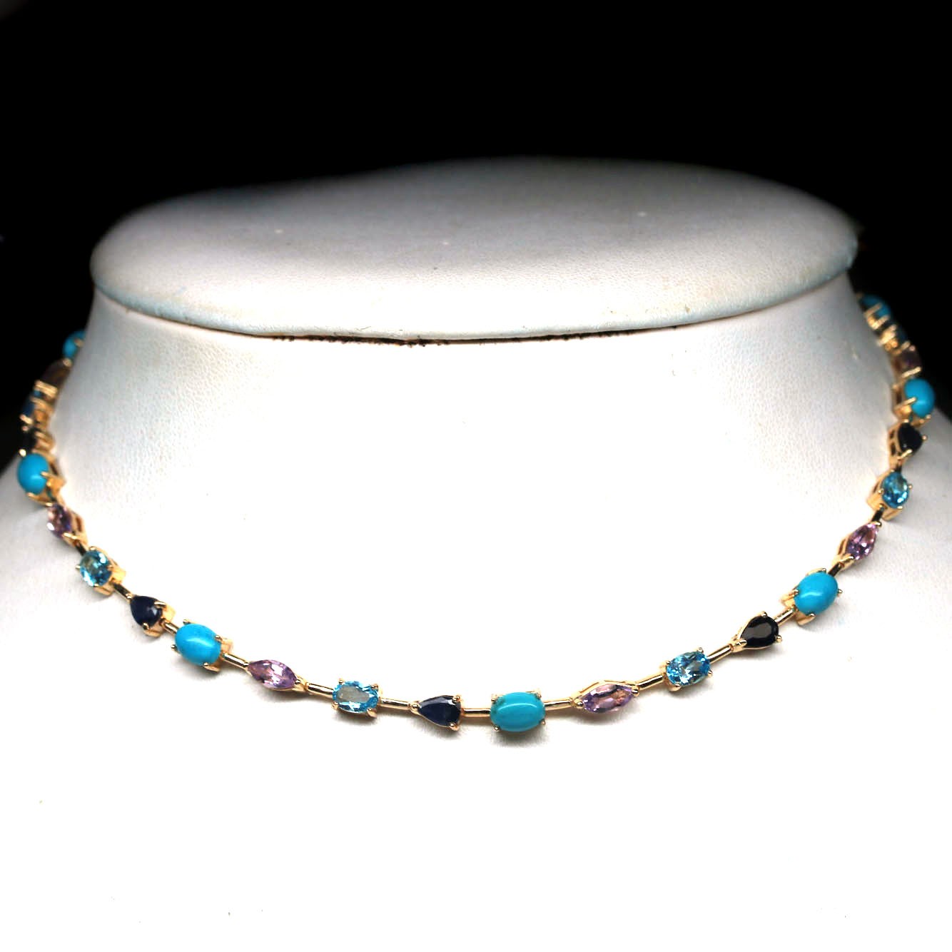 Natural Blue Turquoise Topaz Amethyst Sapphire Necklace 15 in Handmade