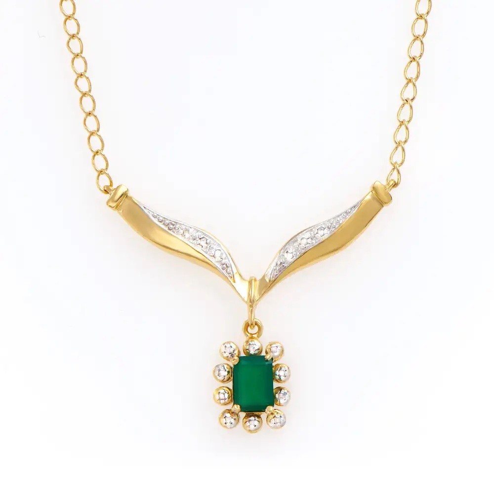 0.94 CTW Natural Green Agate & Diamonds 18K Gold Plated Necklace Size 19in