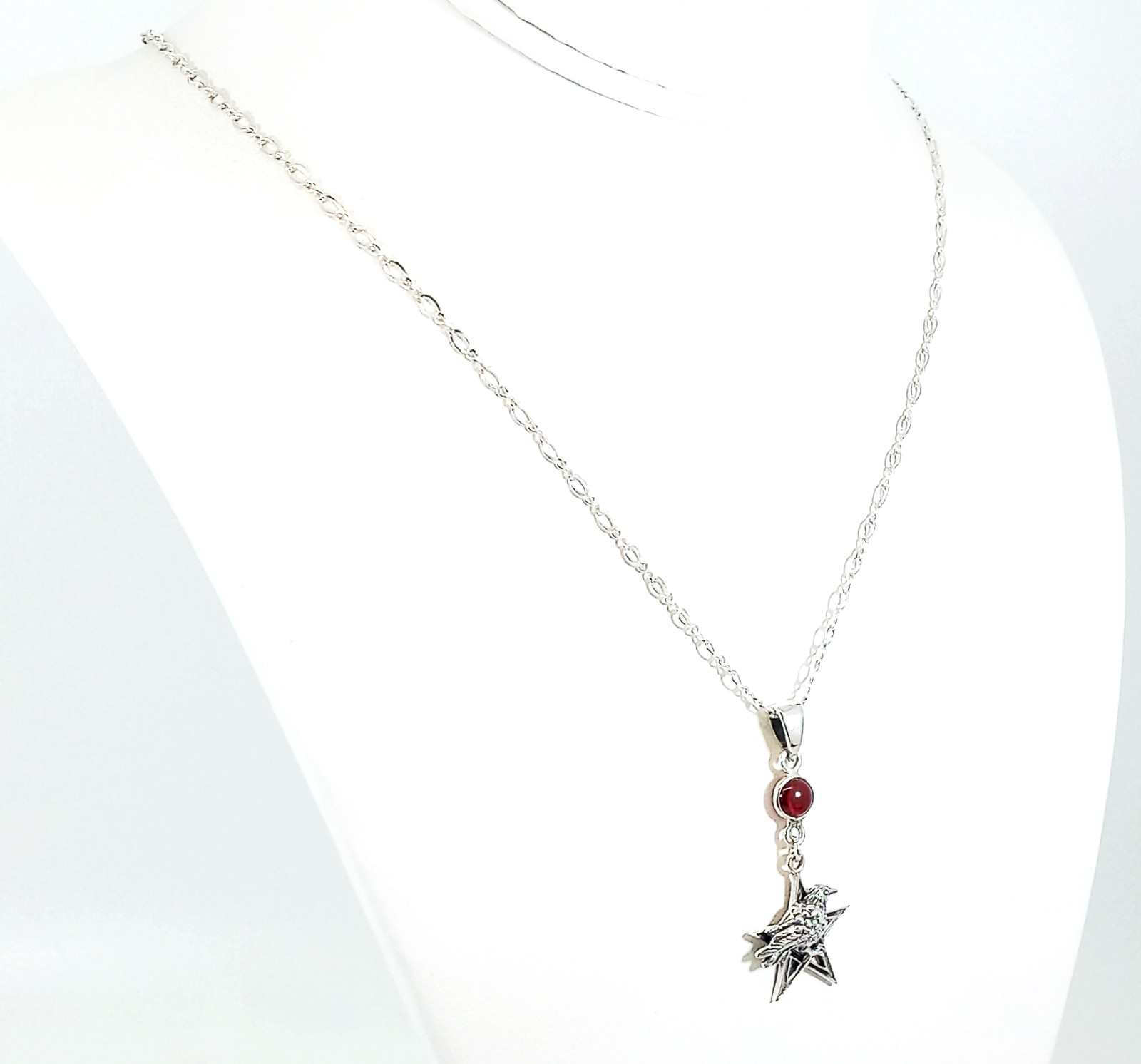 Vintage 925 Sterling Silver Garnet Pentagram Raven Necklace