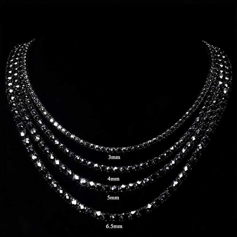 3-6.5mm Real Black Moissanite Tennic Chain Necklace Hip Hop 925 Sterling Silver