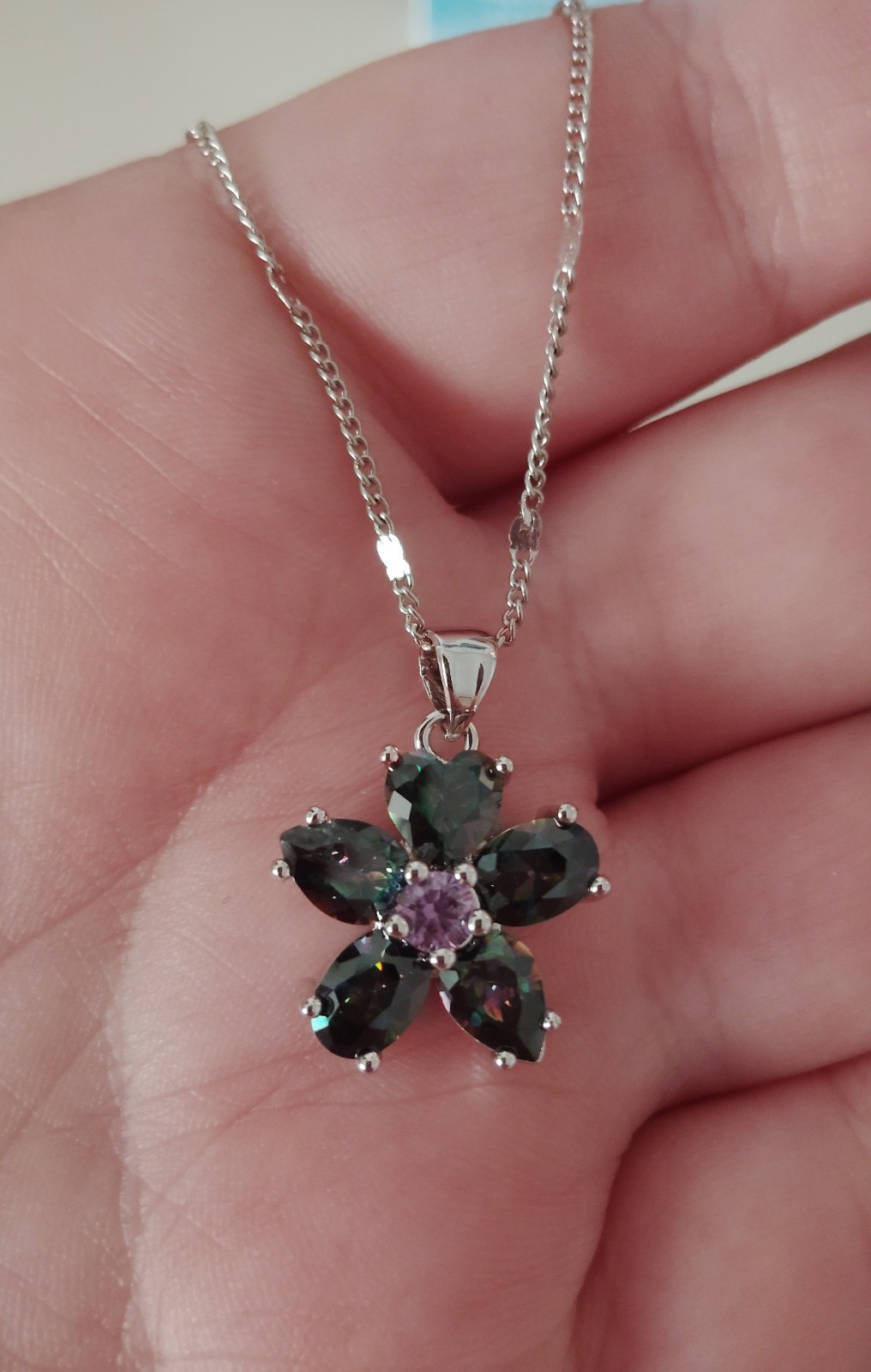 Sterling Silver 925 Mystic Topaz/Amethyst Heart Cut Flower Pendant Necklace Set!