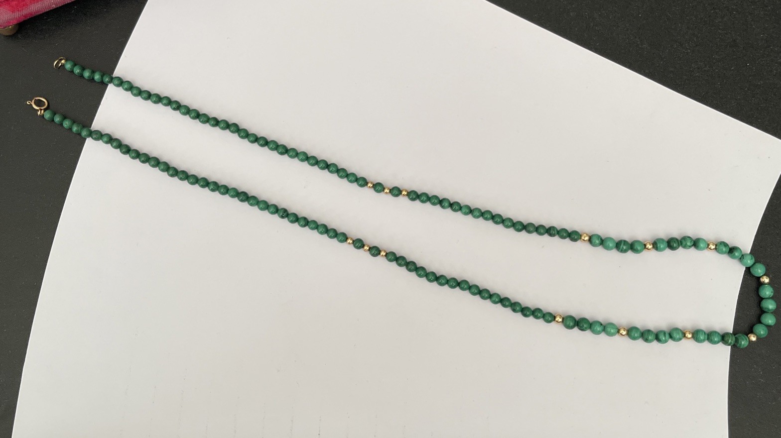 14k Yellow Gold & Malacite Gemstone Necklace Slightly Graduated 24” Dainty