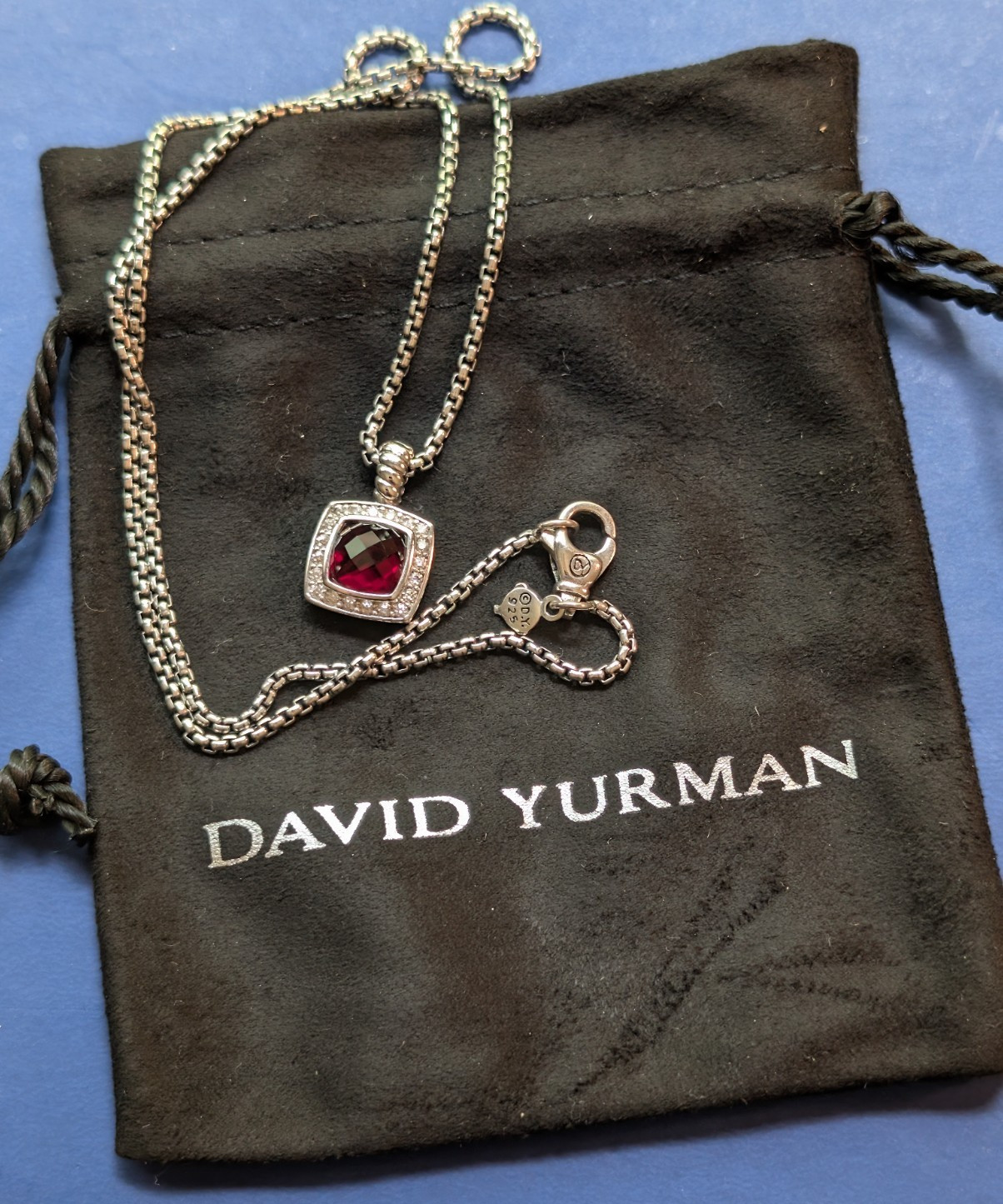 David Yurman Garnet & Diamonds Petite Albion Pendant Necklace Sterling Silver