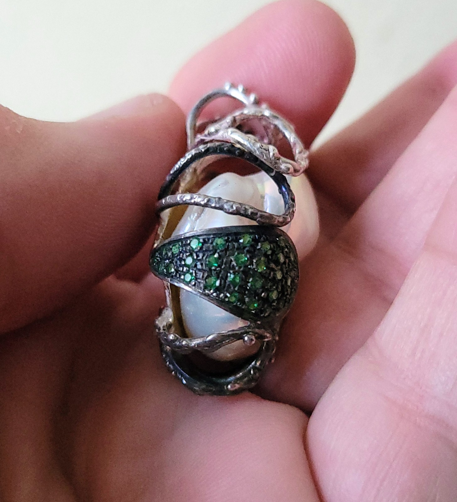 Baroque Pearl Sterling Silver Pendant w Multiple Emeralds 925 Handmade GORGEOUS