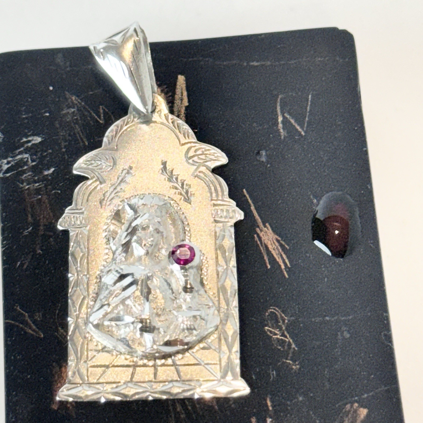 Sterling Silver 925 Santa Barbara 1 5/8in Pendant-Charm w/ Ruby / 3.5 Grams