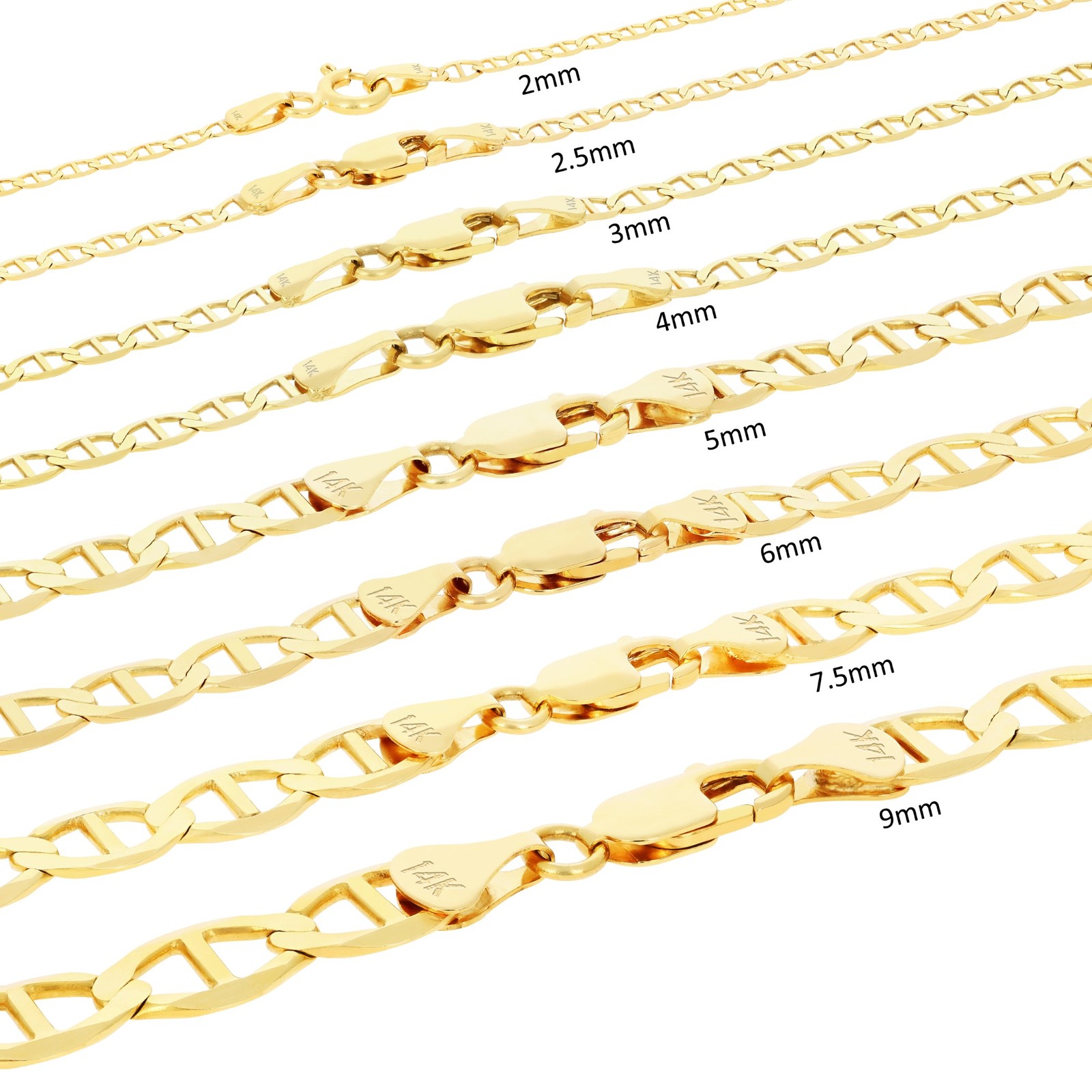 14K Yellow Gold Solid 2mm-7.5mm Mariner Anchor Flat Link Chain Necklace 16″- 30″