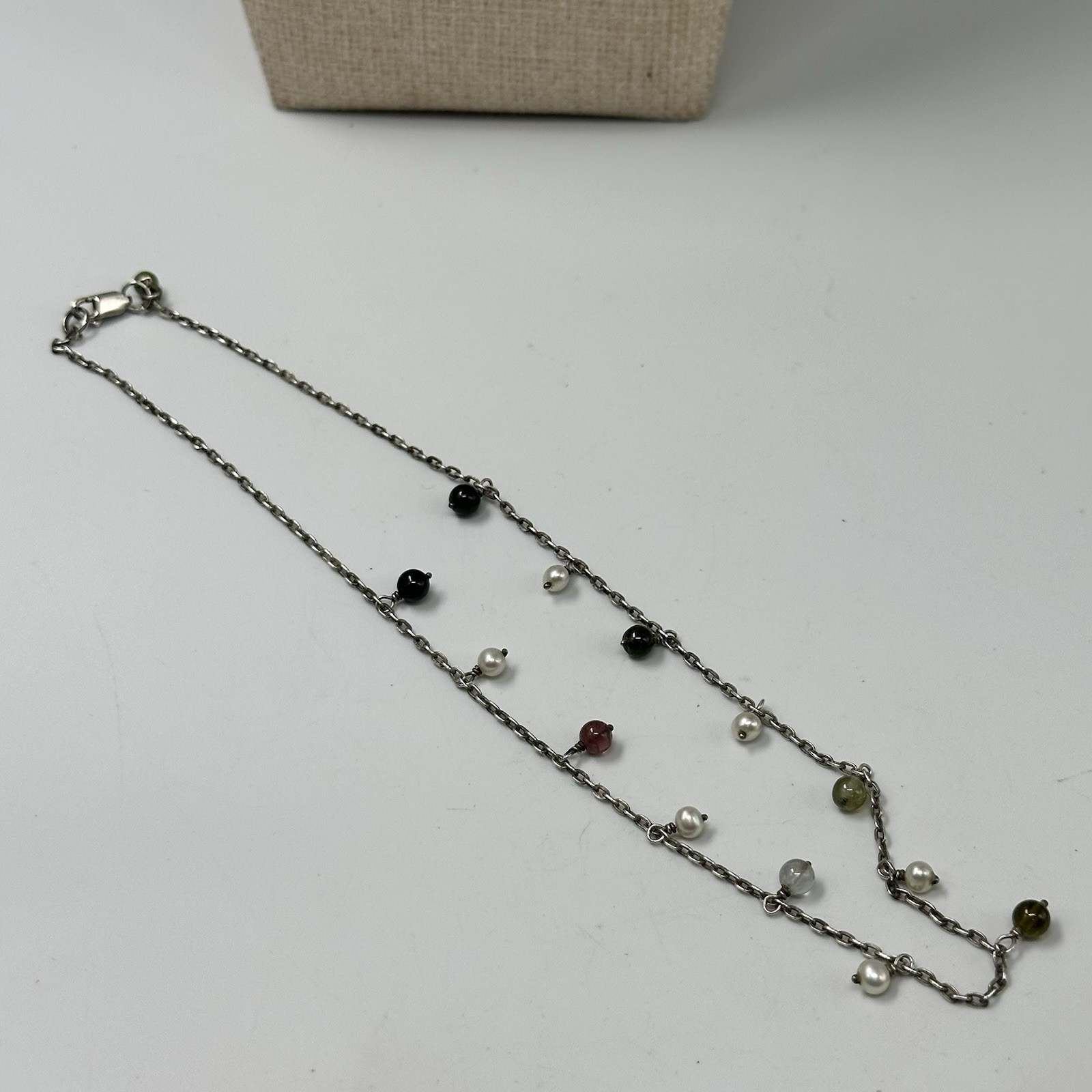Sterling Silver Mixed Gemstone Pearl Station Necklace Dangling Multicolor Beads