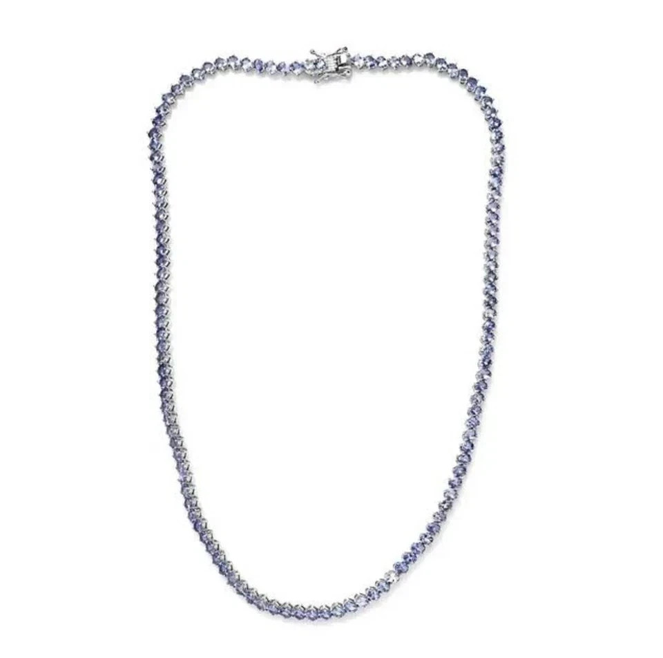 20TCW Round Cut Lab Created Tanzanite Tennis Necklace 14k White Gold Plated