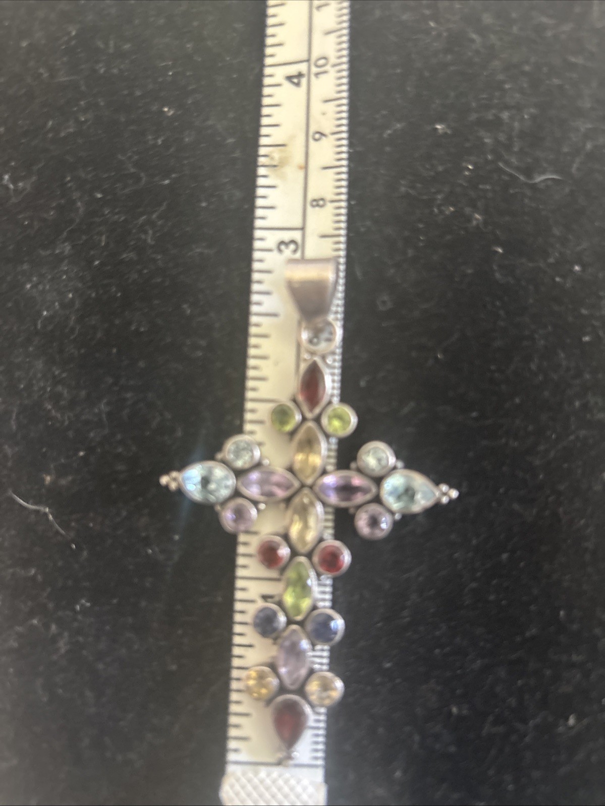 Sterling silver, multi gemstone, Marquise, and round cross pendant