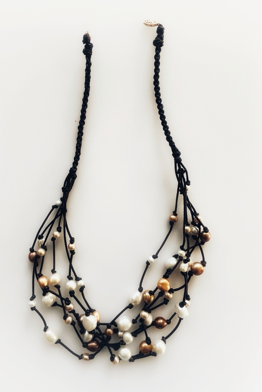 14K Solid Gold (585) Multi-Strand Baroque Pearl Leather Necklace （19in）