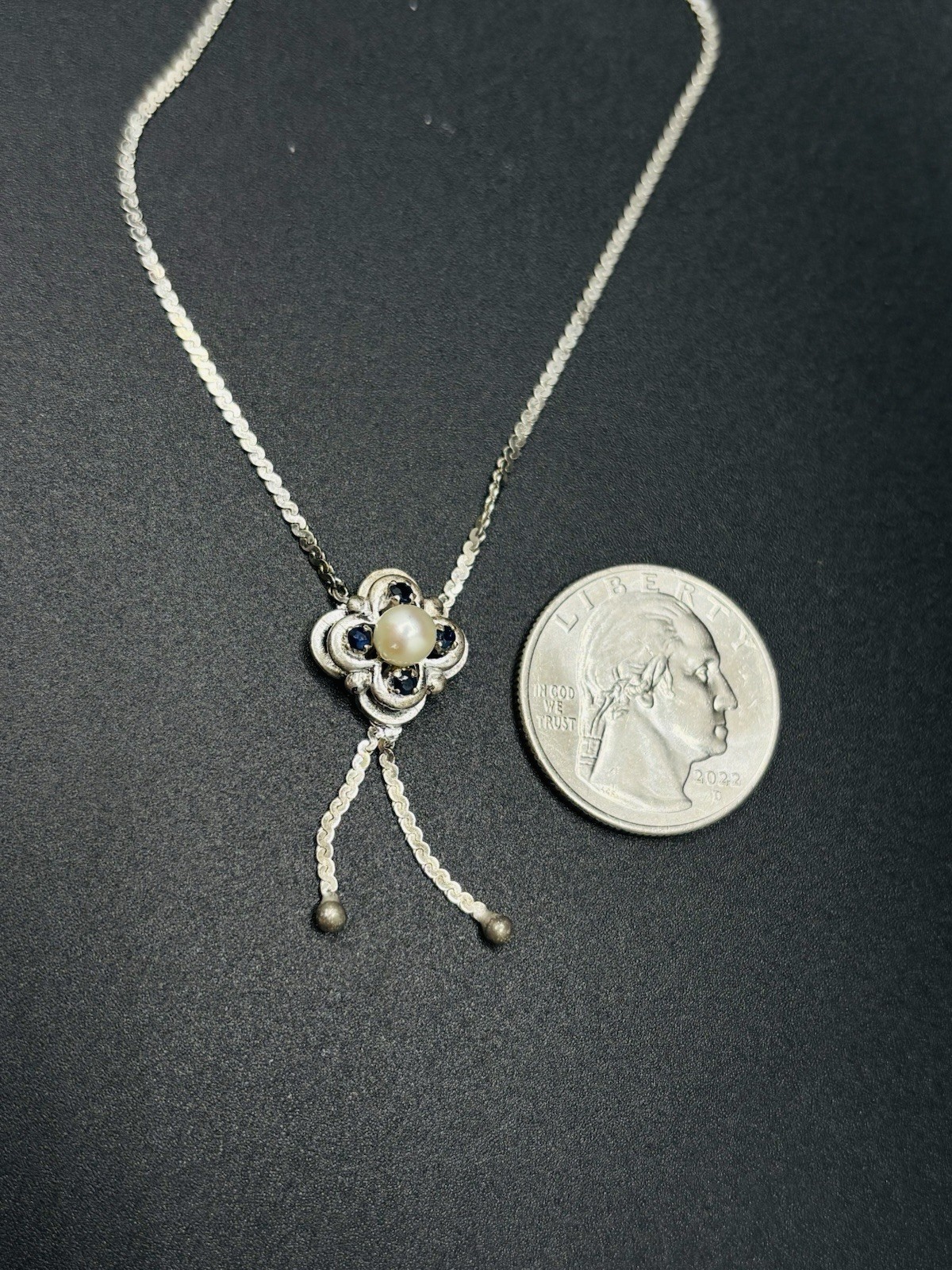 Vintage 835 German Silver Genuine Sapphire & Pearl Pendant Necklace 16.5”