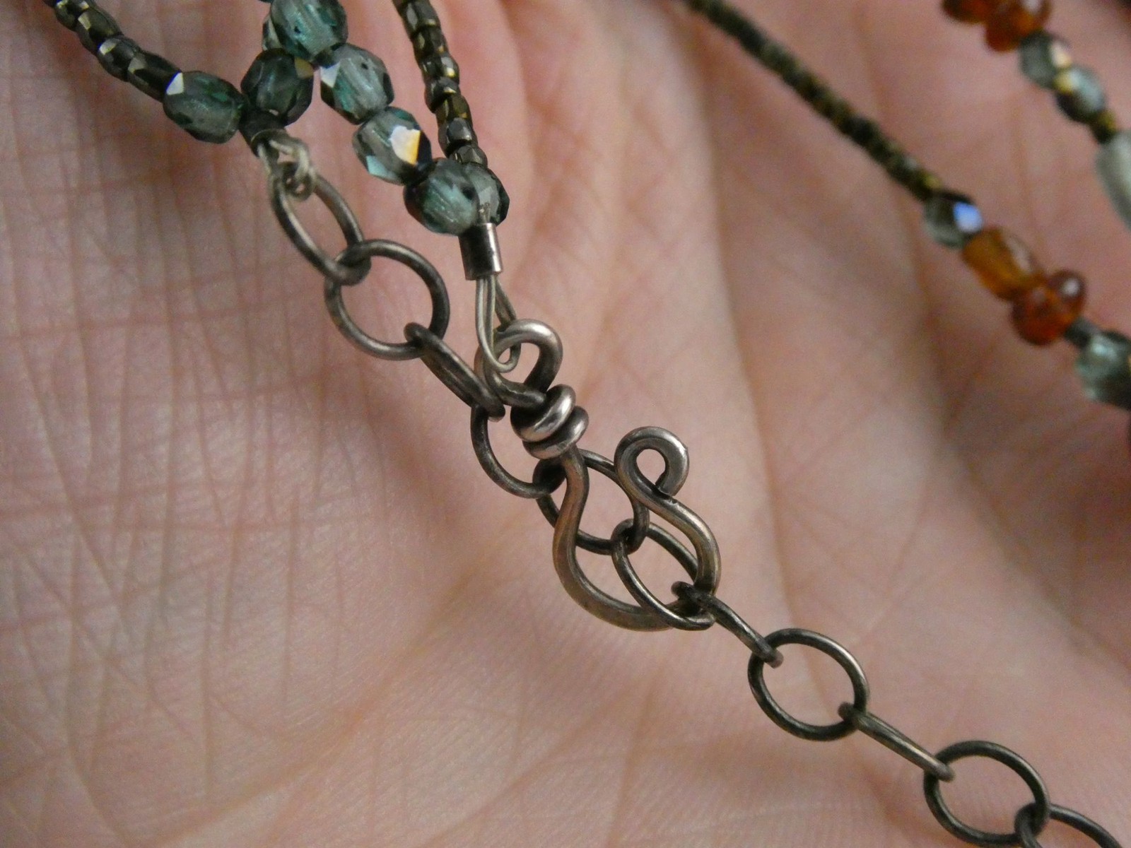 Sterling Silver Amber Chrysocolla Multi Gemstone Two Strand Necklace 17.5 In 19g
