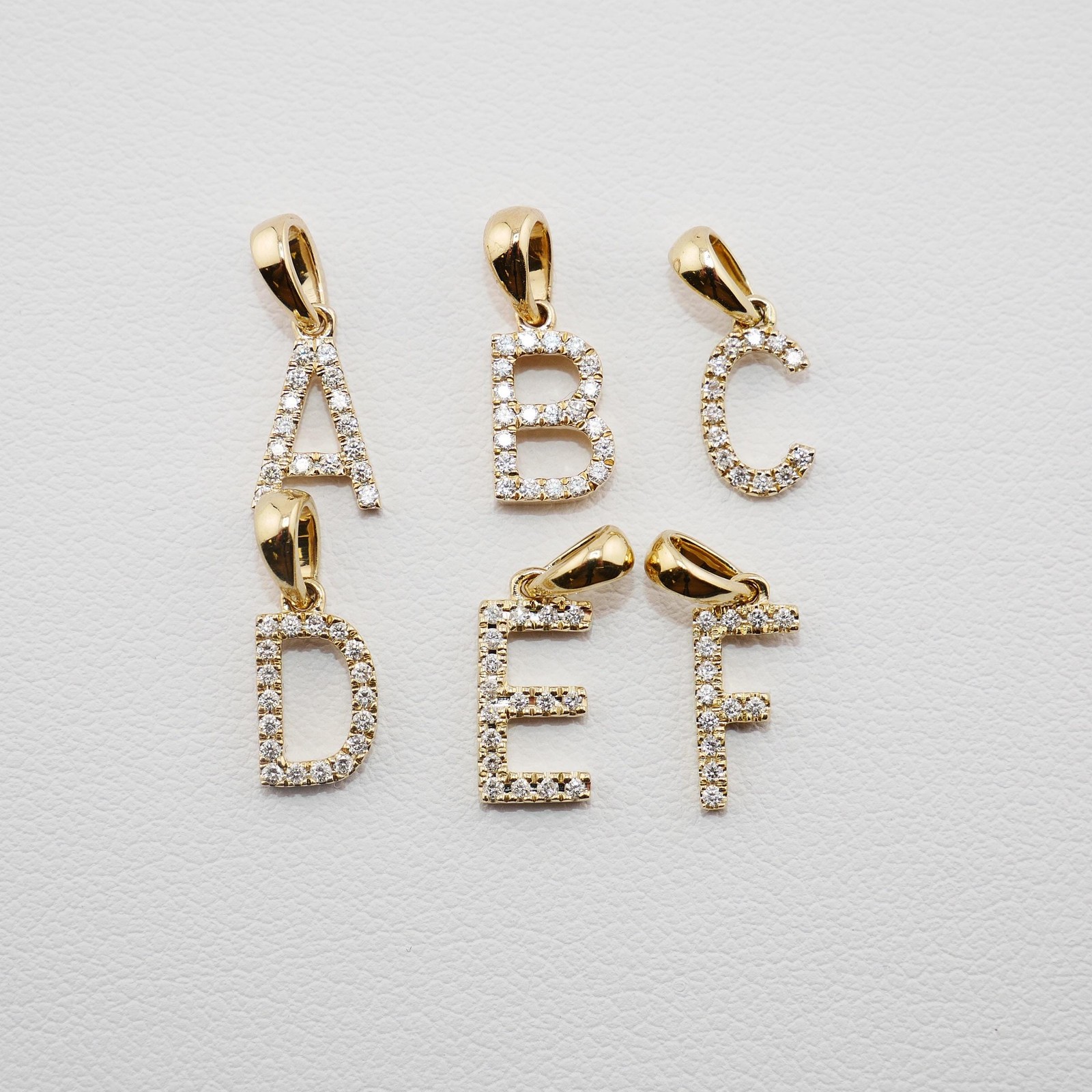 14K Small Yellow Gold Diamond Initial Pendants | Available Letters A-B-C-D-E-F