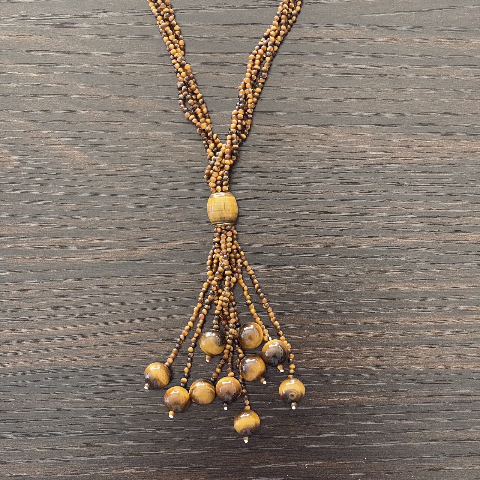 Tiger Eye Bead Necklace 19in 18K Gold Clasp 5 Strand