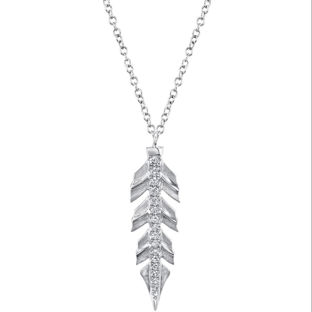 Diamond Feather Pendant Necklace 14K White Gold Natural 0.09CT Round Matte