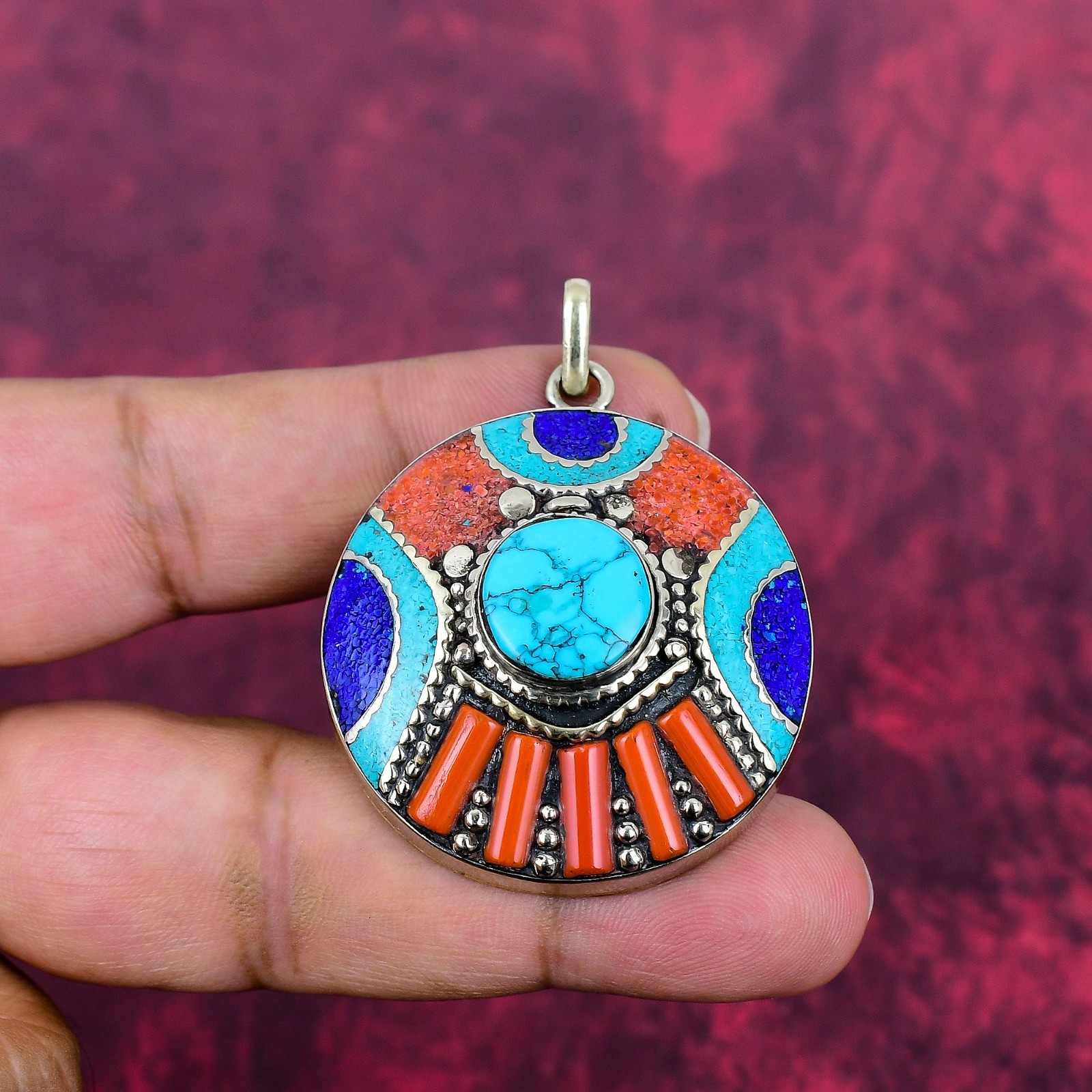 Turquoise, Coral Gemstone Handmade 925 Sterling Silver Nepali Pendant Jewelry