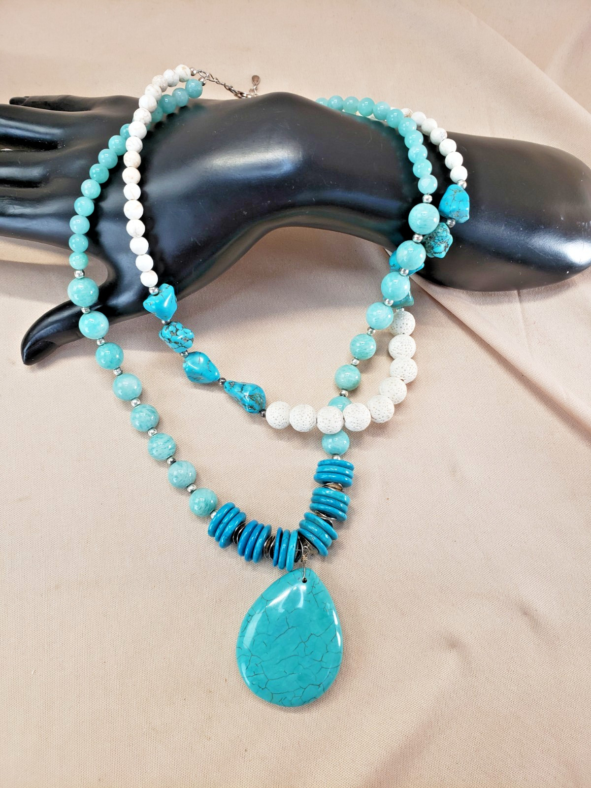 Sterling Silver Amazonite Turquoise Lava Bead Howlite Pendant Necklace S925