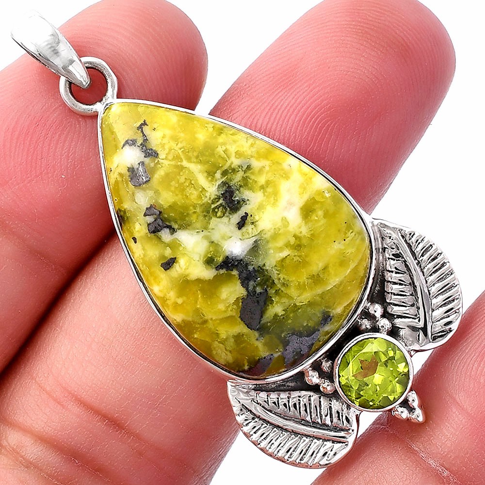 Natural Serpentine & Peridot 925 Sterling Silver Pendant Jewelry P-1127