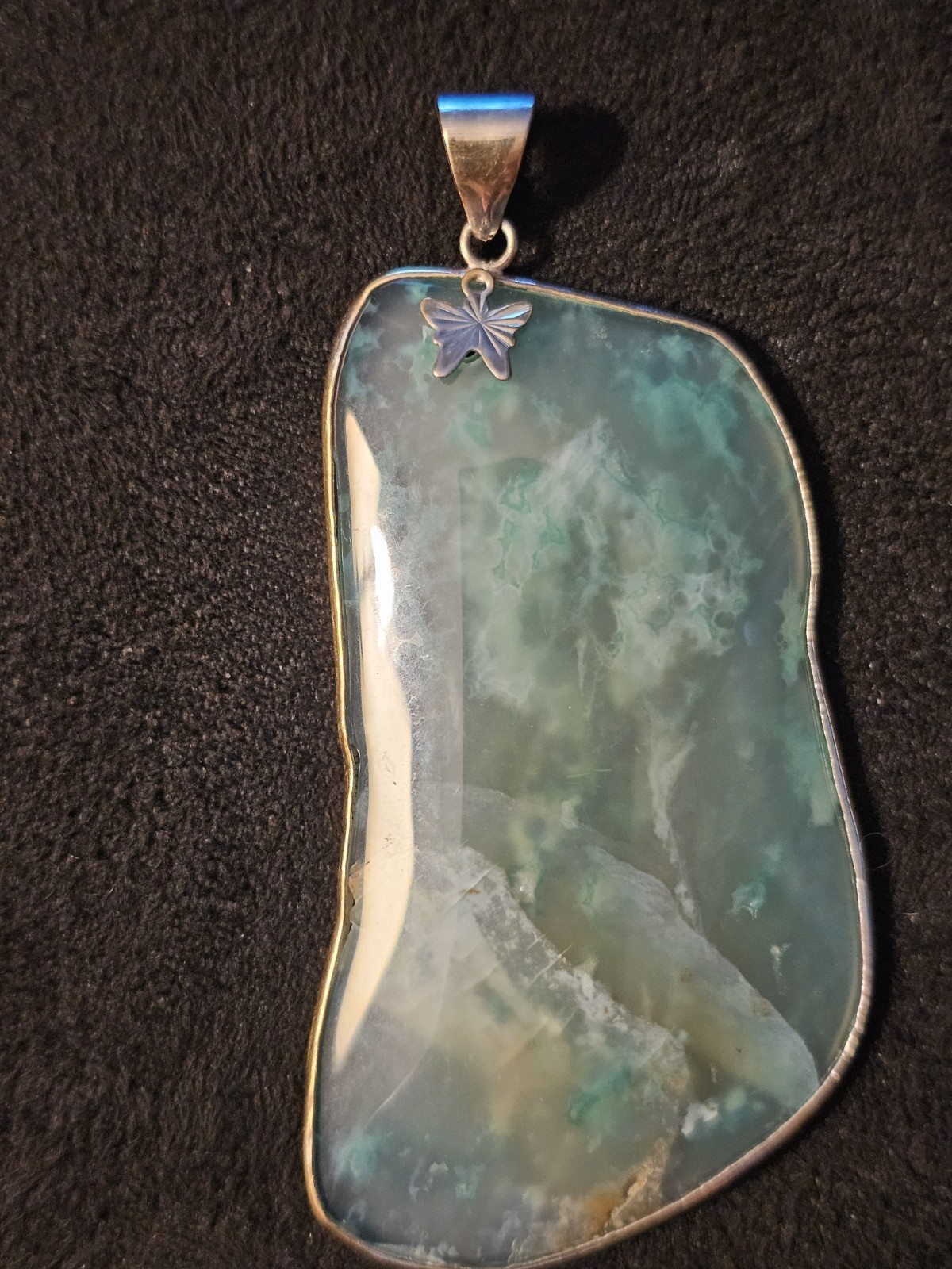 925 Sterling Silver Green Jade Freeform Pendant Bezel Set Butterfly Signed