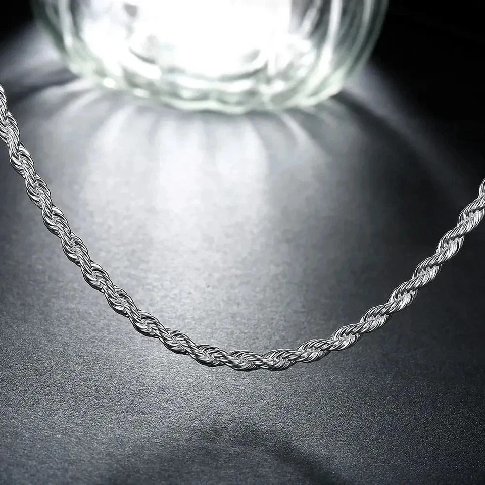 4mm Diamond Cut Solid 925 Sterling Silver Italian Rope Chain Men’s Necklace