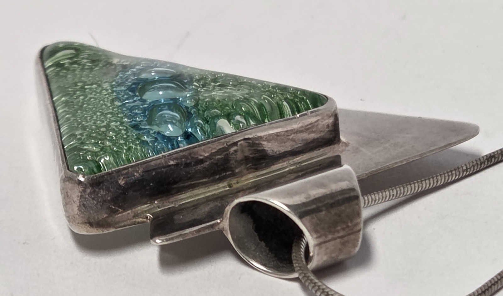 Dichroic Glass Sterling Silver Triangle Pendant Necklace 18″ Green Blue Bubbles