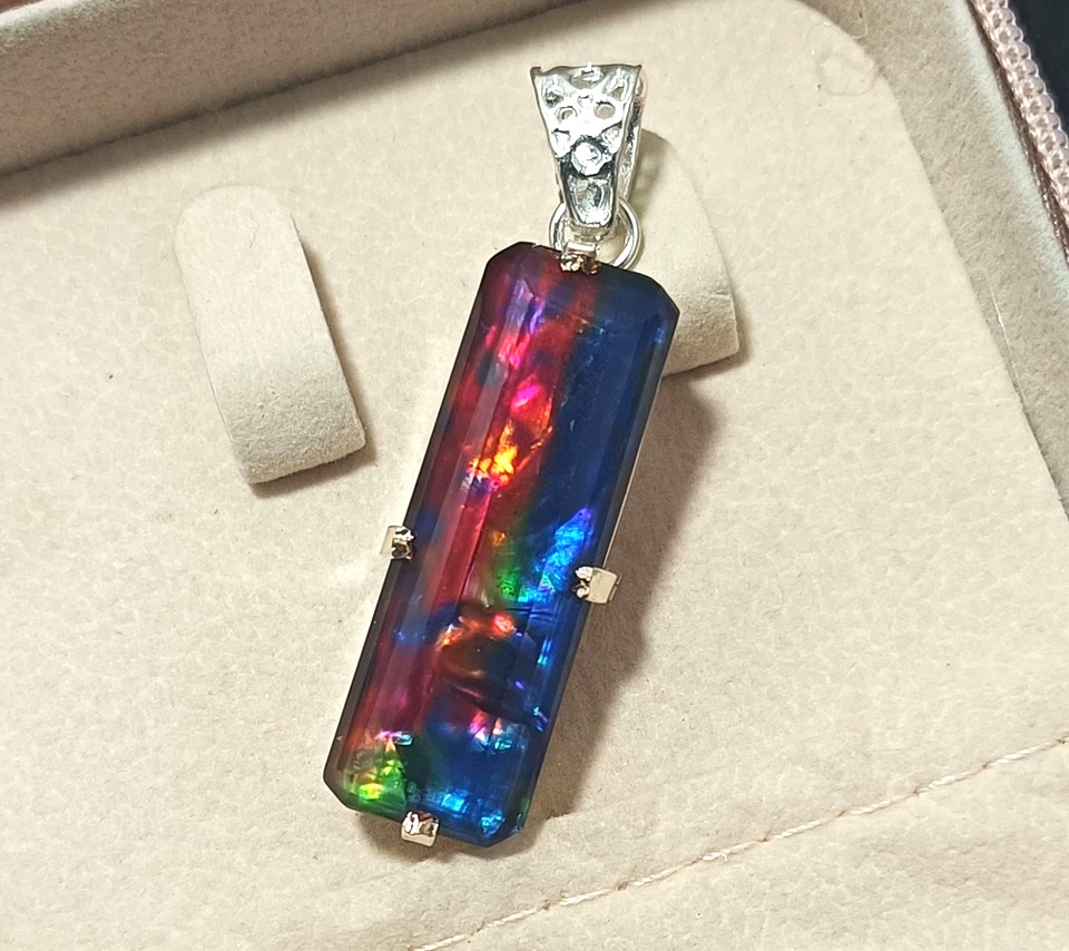 Certified 82.6 Ct Natural Ammolite 925 Silver Emerald Cut Pendant Loose Gemstone