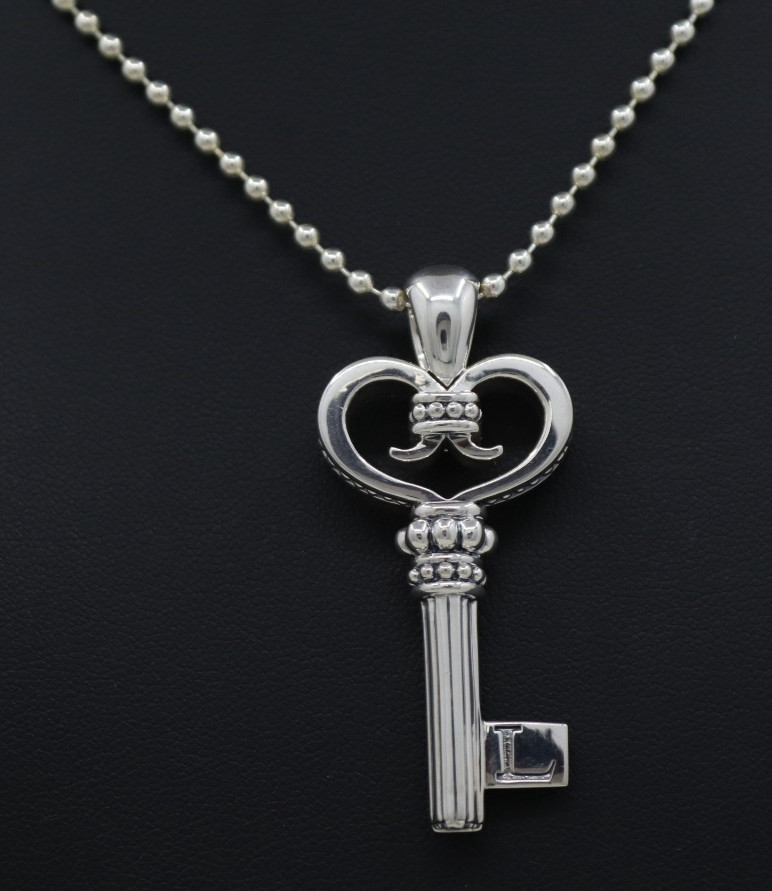 Lagos Caviar Sterling Silver Signature Key Pendant Beaded Necklace 34″ – 24G