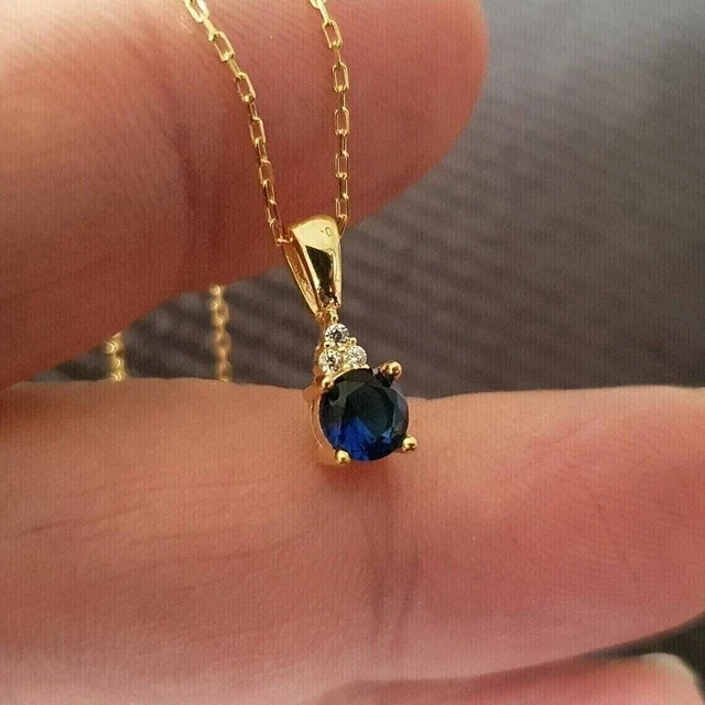 1Ct Round Cut Lab Created Blue Sapphire Women’s Pendant 14k Yellow Gold Plated
