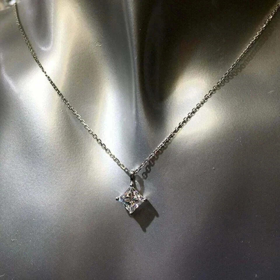 2Ct Princess Cut Lab Created Diamond Solitaire Pendant 14K White Gold Plated 18″
