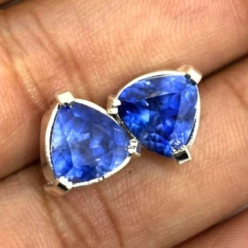 10 Ct Natural Blue Sapphire Stud Earrings Trillion Cut loose Gemstone 925 Silver