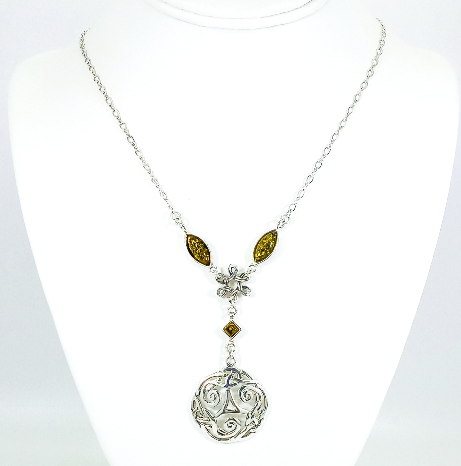 Vintage 925 Sterling Silver Green Baltic Amber Elven Woodland Celtic Necklace